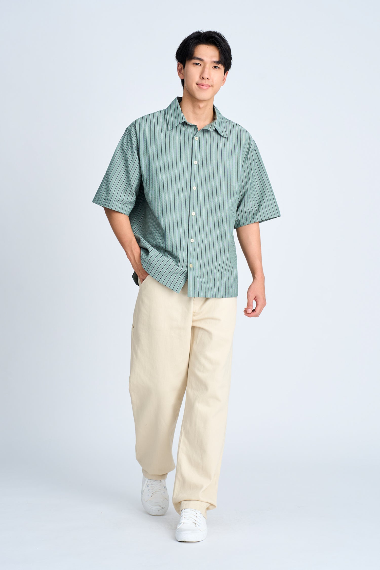 Seersucker Stripes Relaxed Cut Shirt - Stripes Green