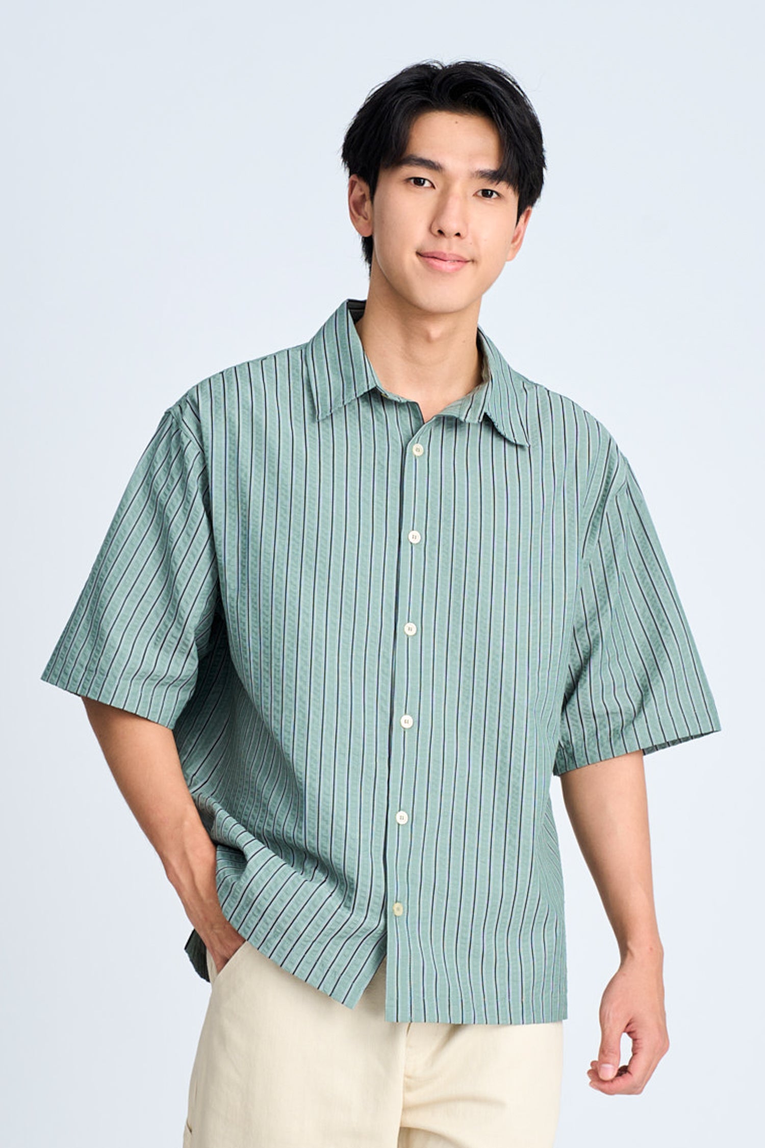 Seersucker Stripes Relaxed Cut Shirt - Stripes Green