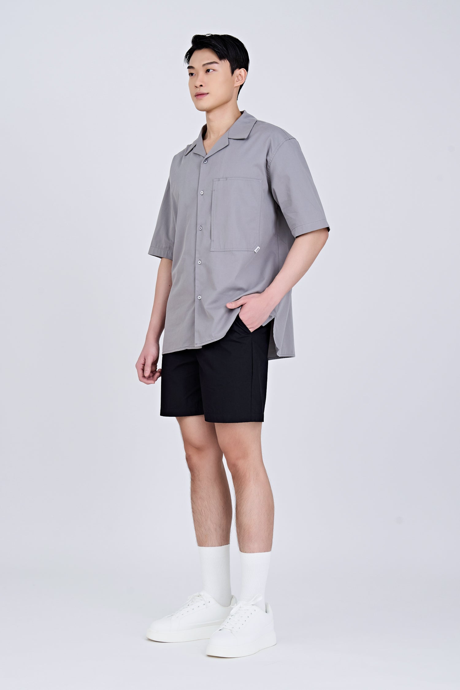 Worker&#39;s Pocket Cuban Collar Shirt - Grey