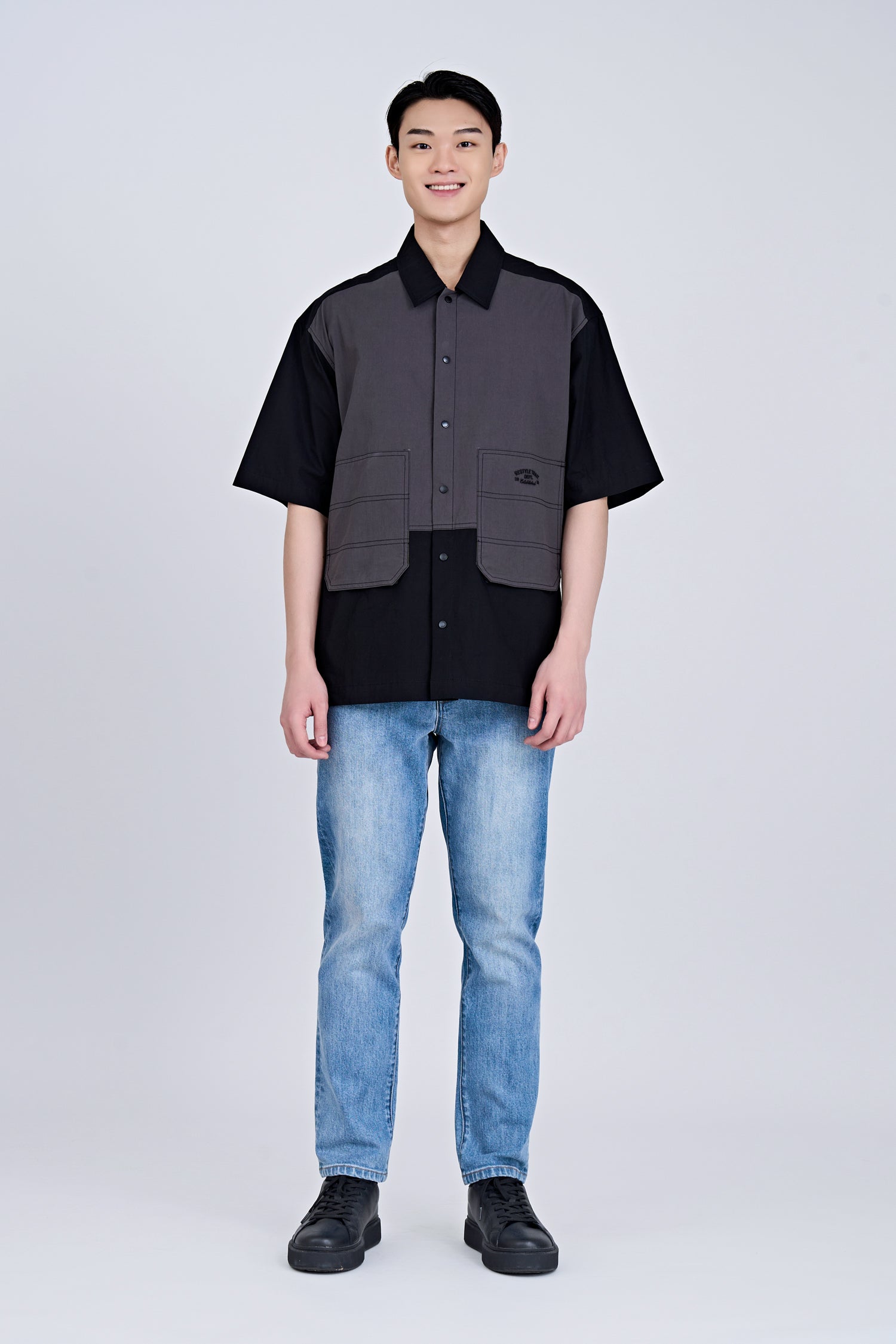 Patch Pocket Colour Block Shirt - Black