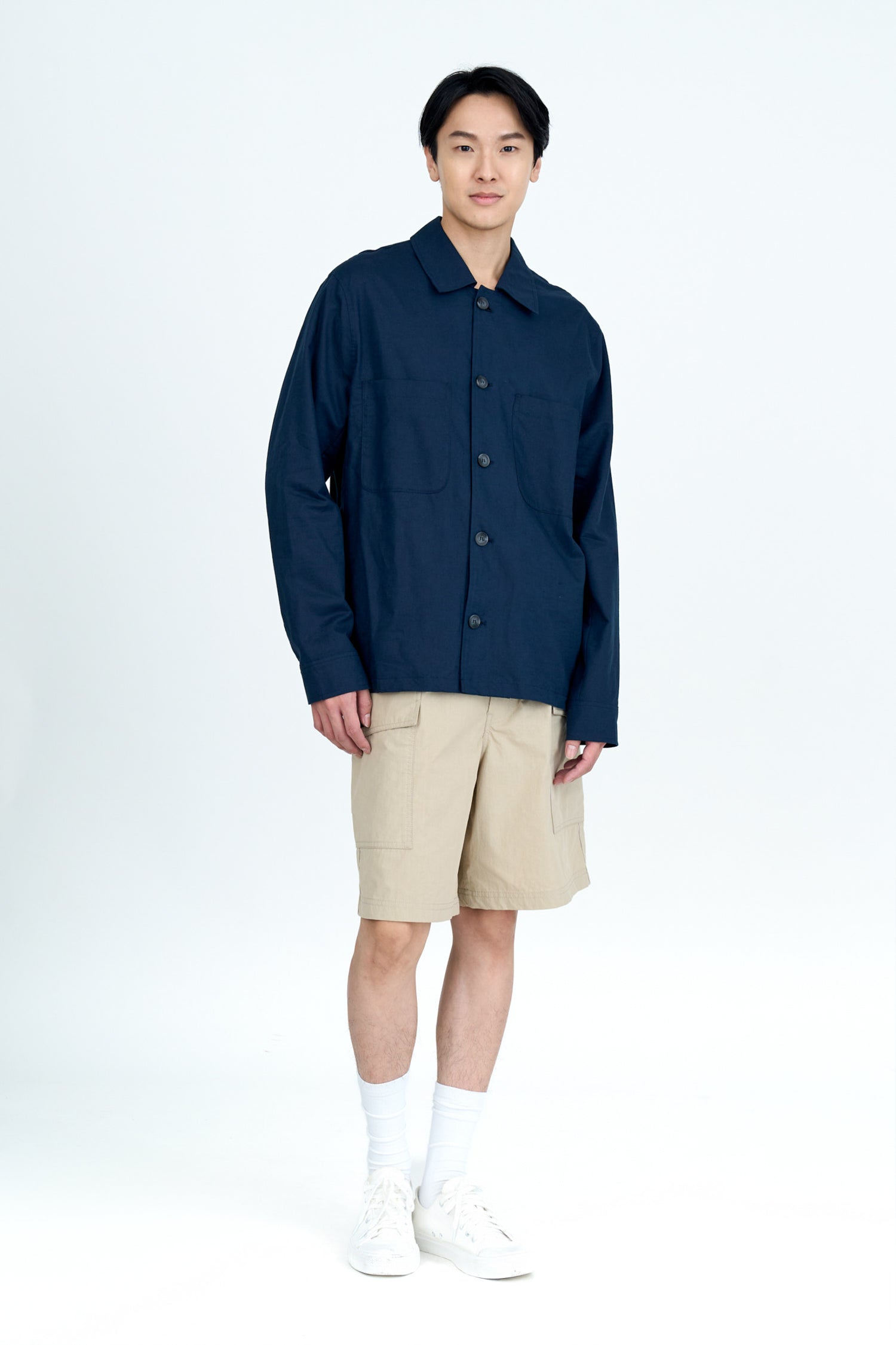 Double Pocket Cotton Linen Shirt - Navy