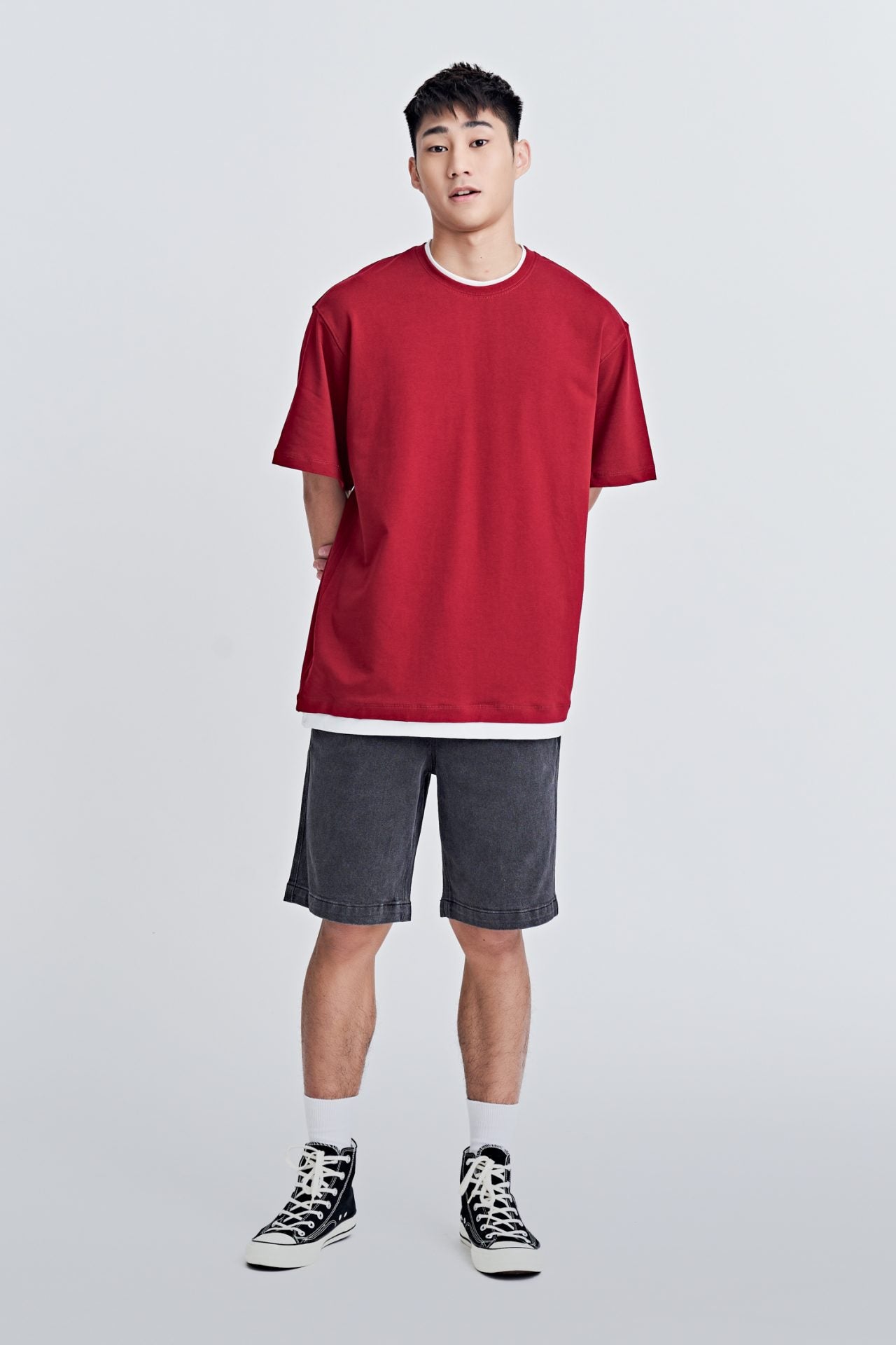 (C) Jersey Double Collar-Hem Tee - Burgundy