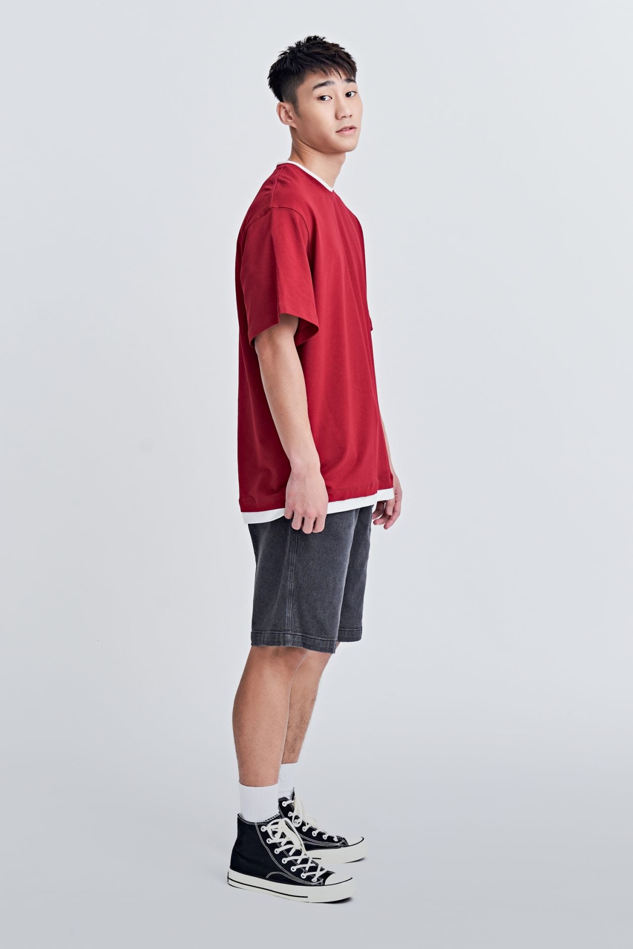 (C) Jersey Double Collar-Hem Tee - Burgundy