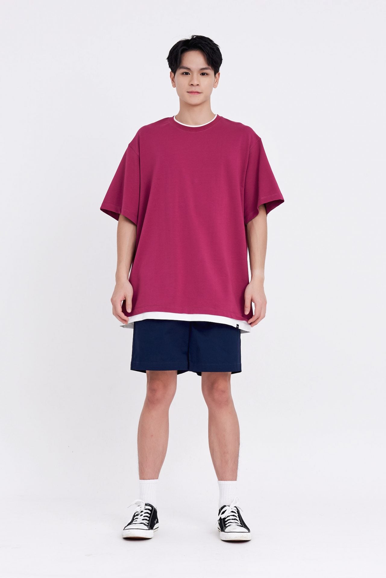 (C) Jersey Double Collar-Hem Tee - Plum