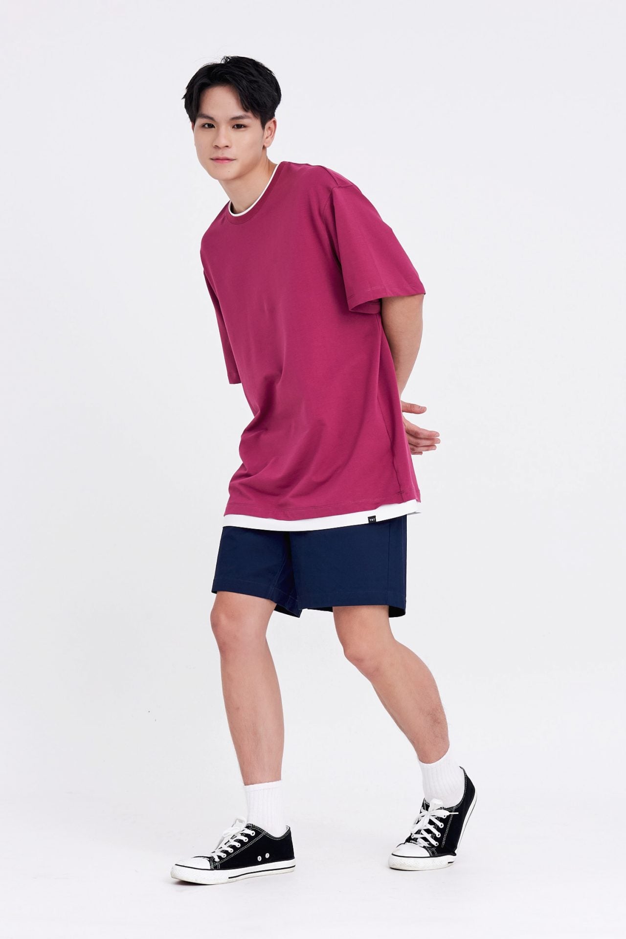 (C) Jersey Double Collar-Hem Tee - Plum