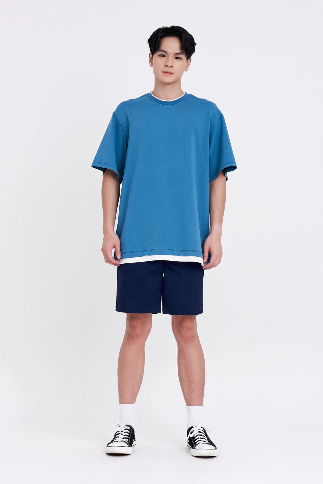 (C) Jersey Double Collar-Hem Tee - Teal