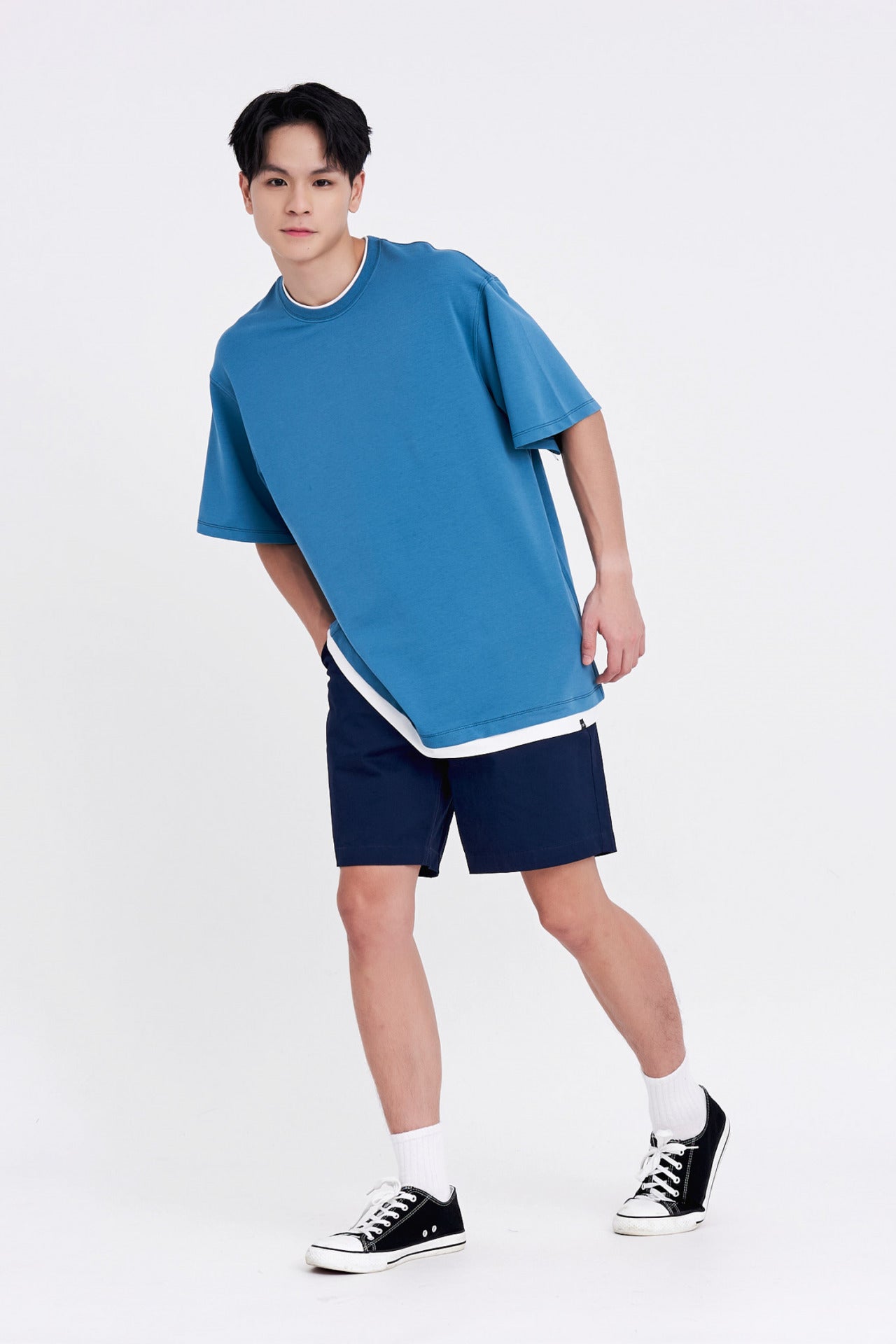 (C) Jersey Double Collar-Hem Tee - Teal