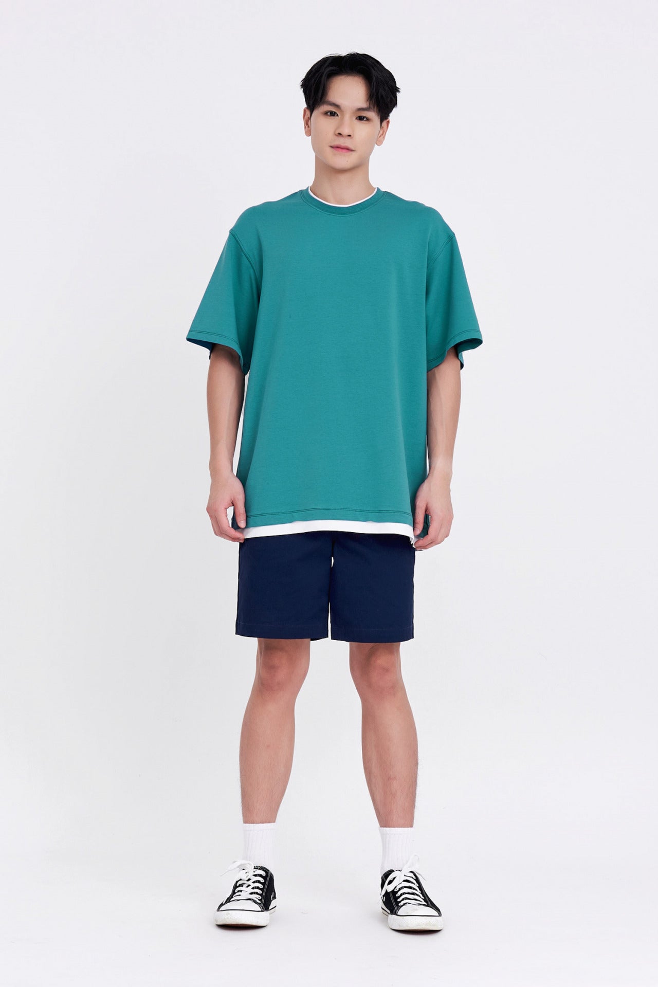 (C) Jersey Double Collar-Hem Tee - Teal Green