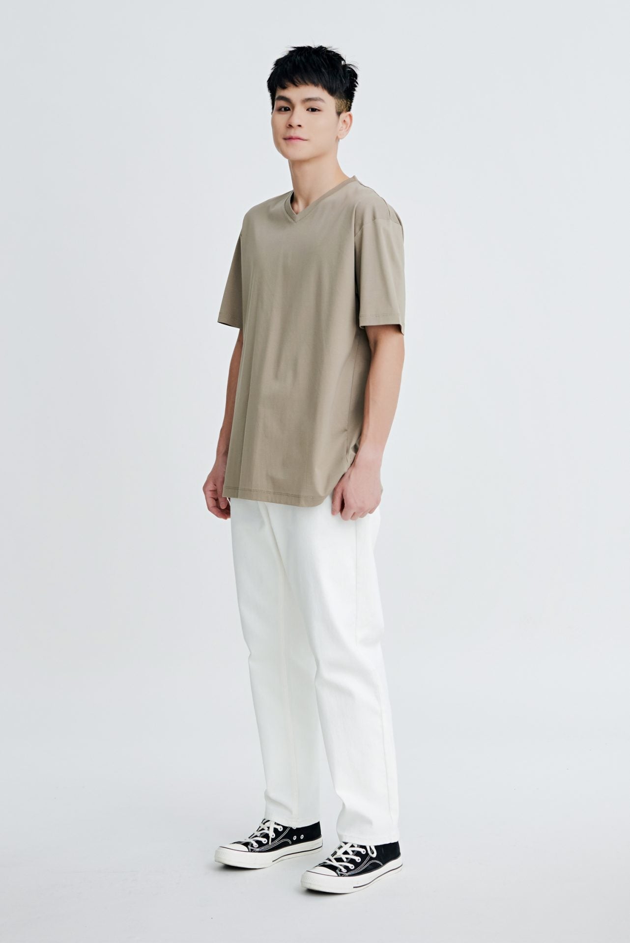 (A) Classic Regular-Fit V Neck Tee - Taupe