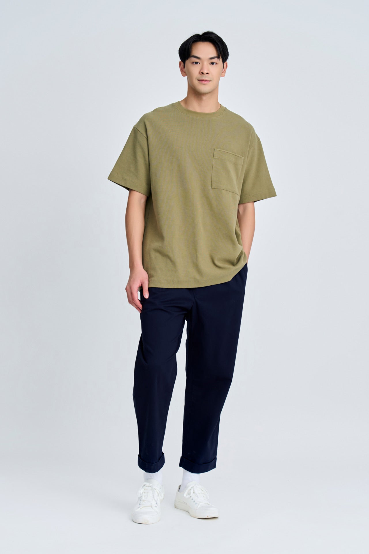 (C) Oversized Waffle Jersey Tee - Dark Olive Green