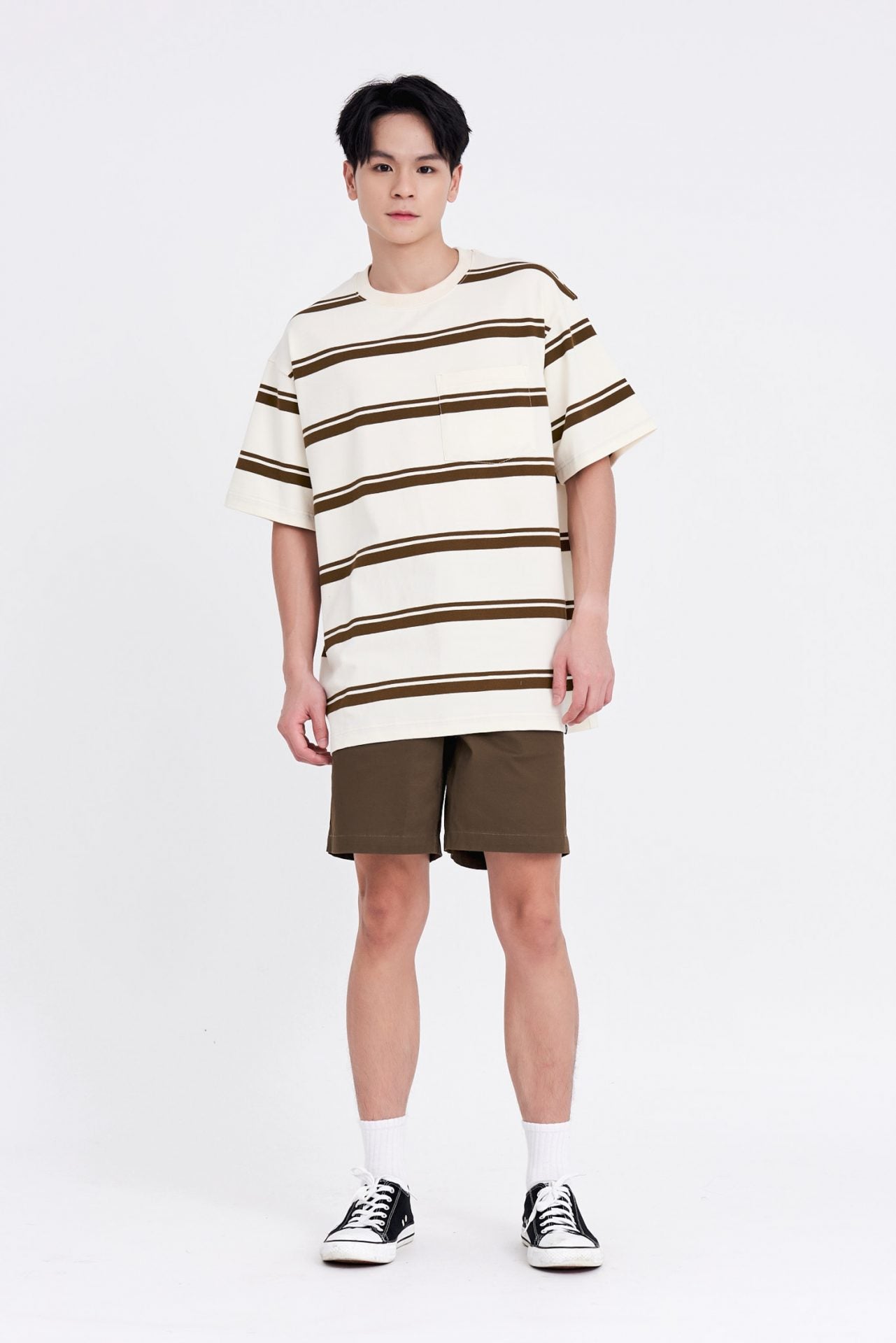 Oversized Wide Contrast Stripes Tee - Brown Stripes