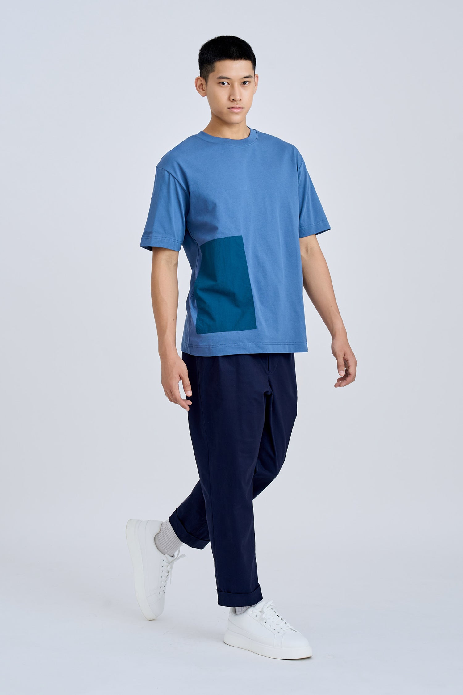 (B) Contrast Patch Pocket Tee - Steel Blue