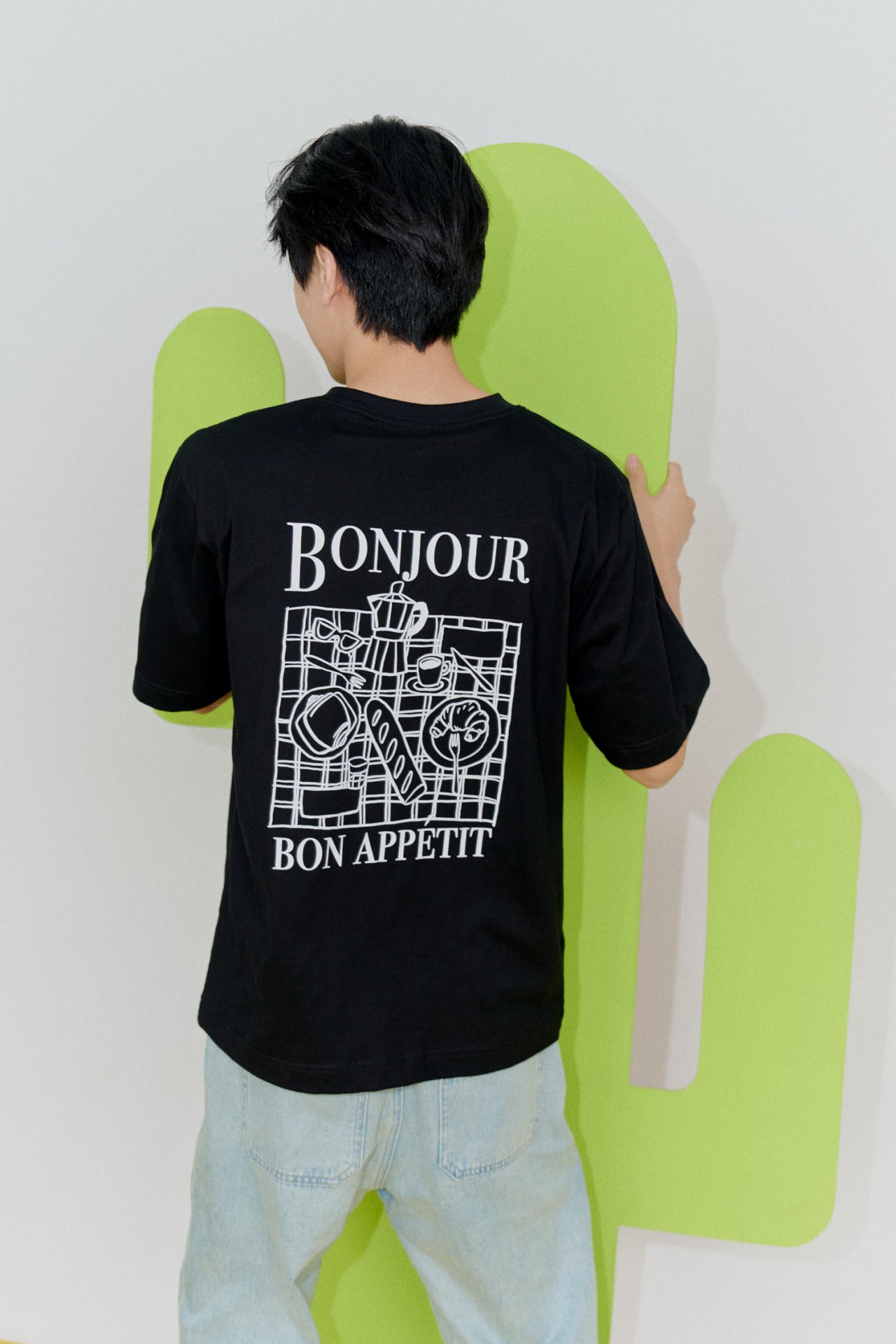 (A) Jersey “Bonjour” Graphic Tee - Black