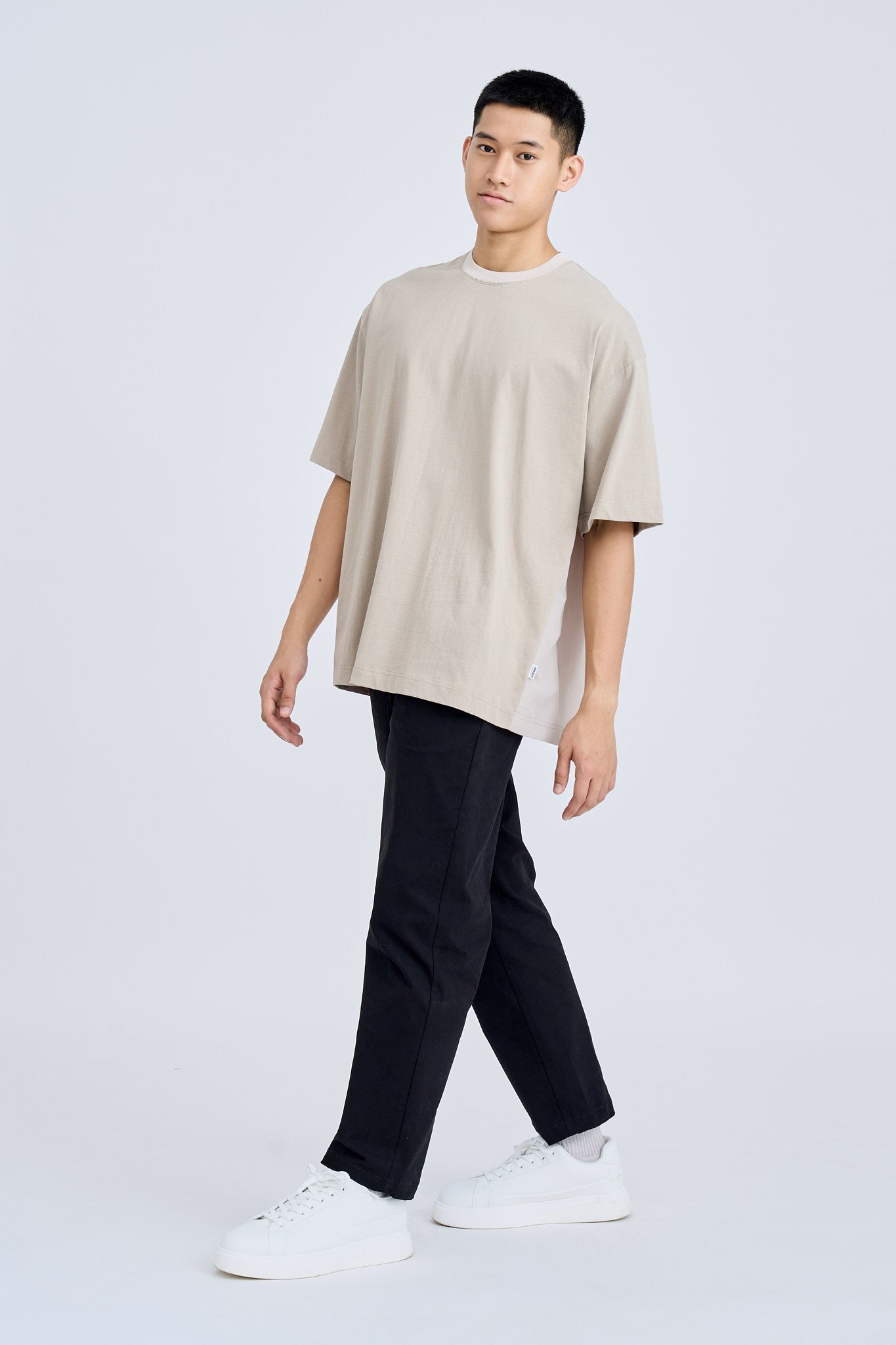 Dual Fabric Oversized Tee - Khaki