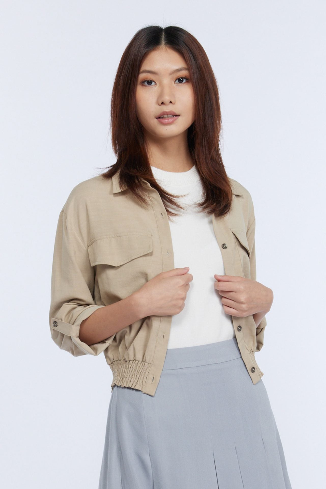 Cotton Rayon Patch Pocket Blouse - Sand