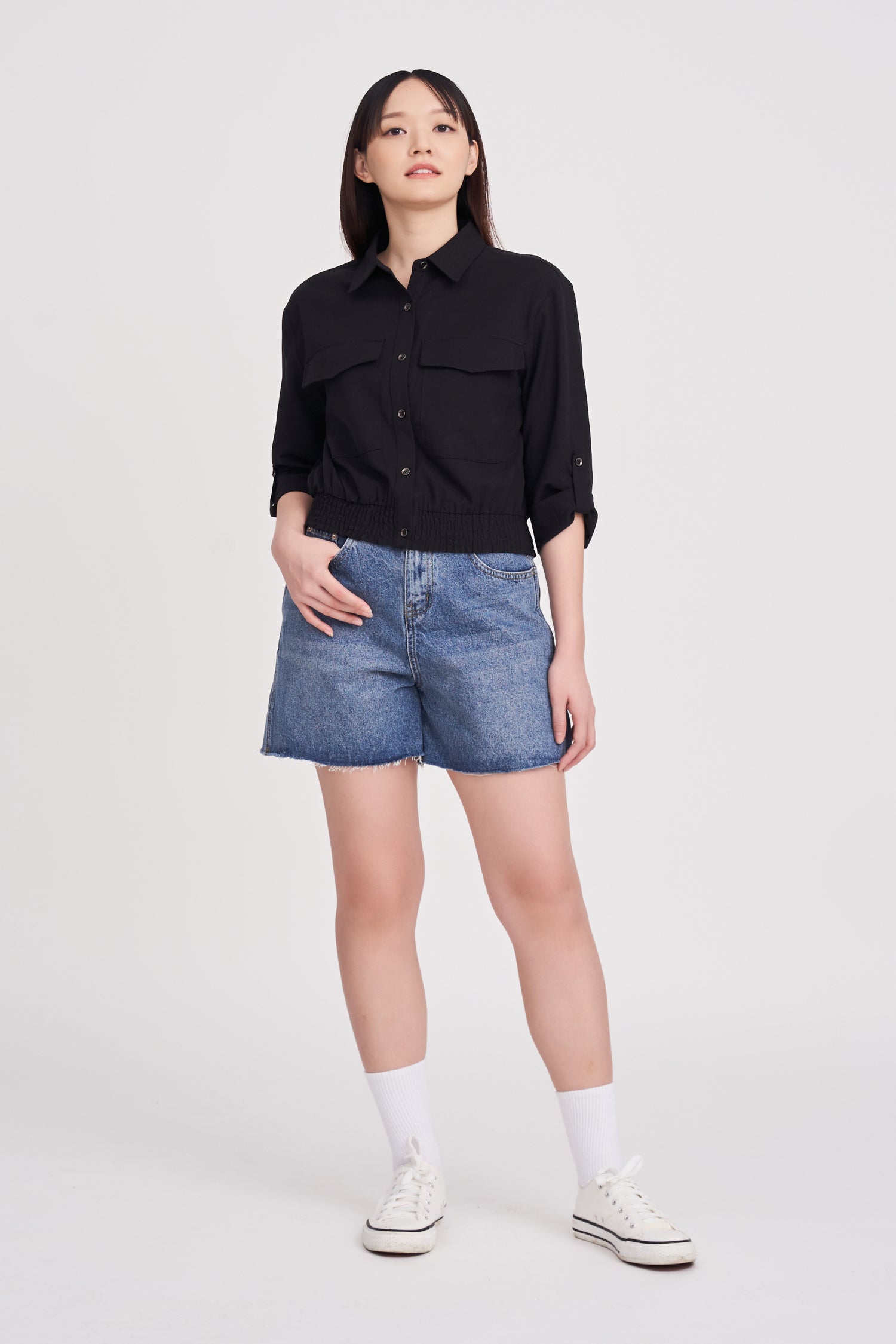 Cotton Rayon Patch Pocket Blouse - Black