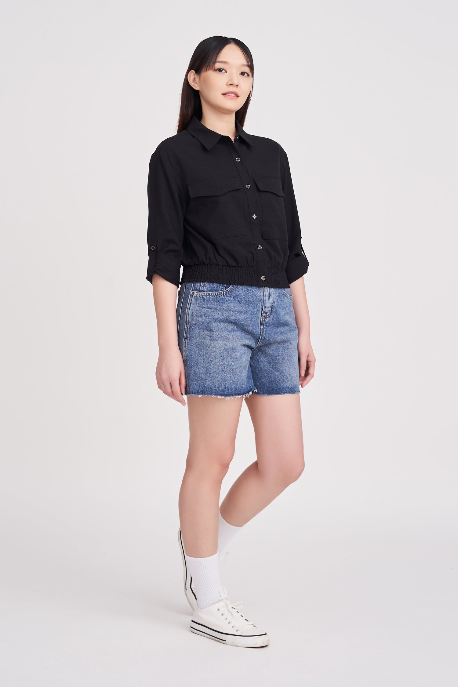 Cotton Rayon Patch Pocket Blouse - Black