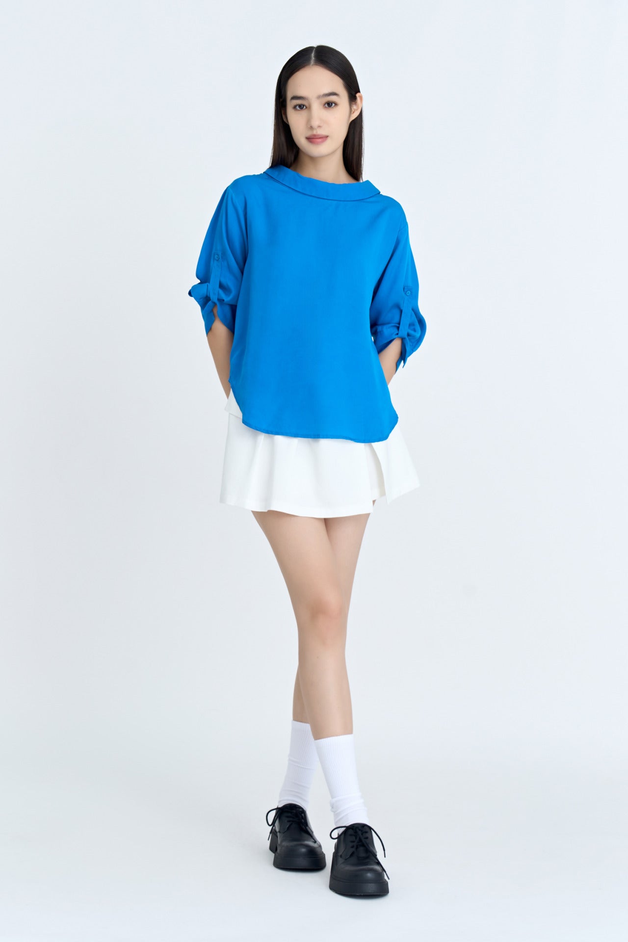 Rayon Turn Down Collar Blouse - Deep Sky Blue