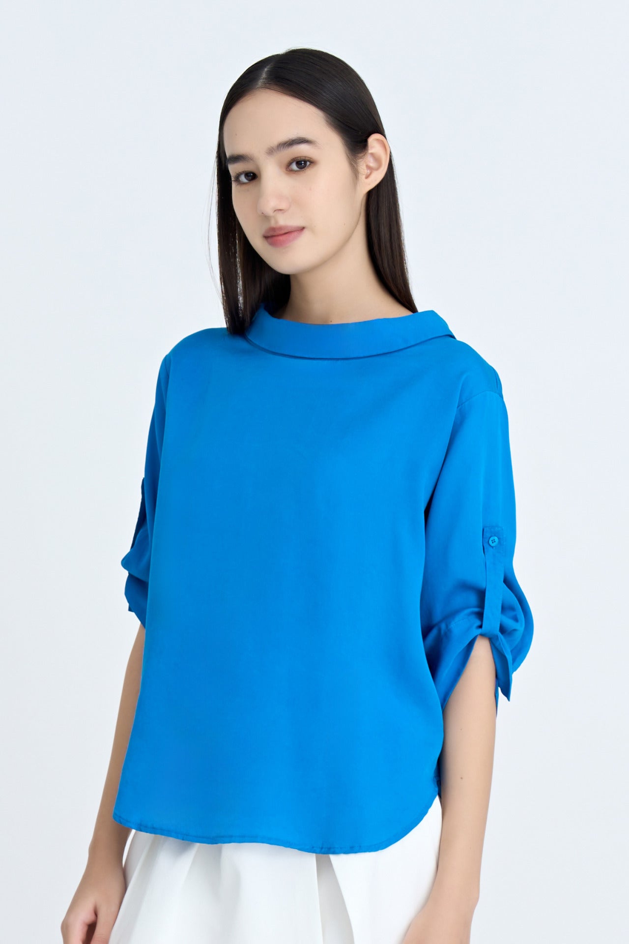 Rayon Turn Down Collar Blouse - Deep Sky Blue