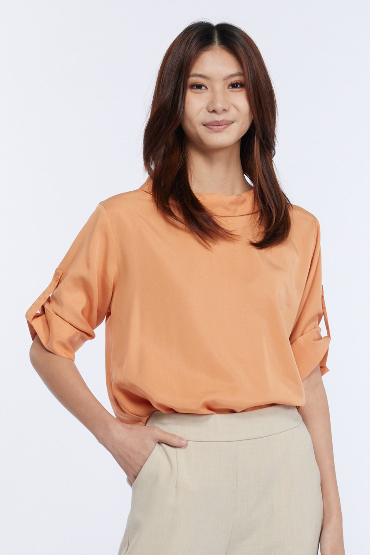 Rayon Turn Down Collar Blouse - Peach