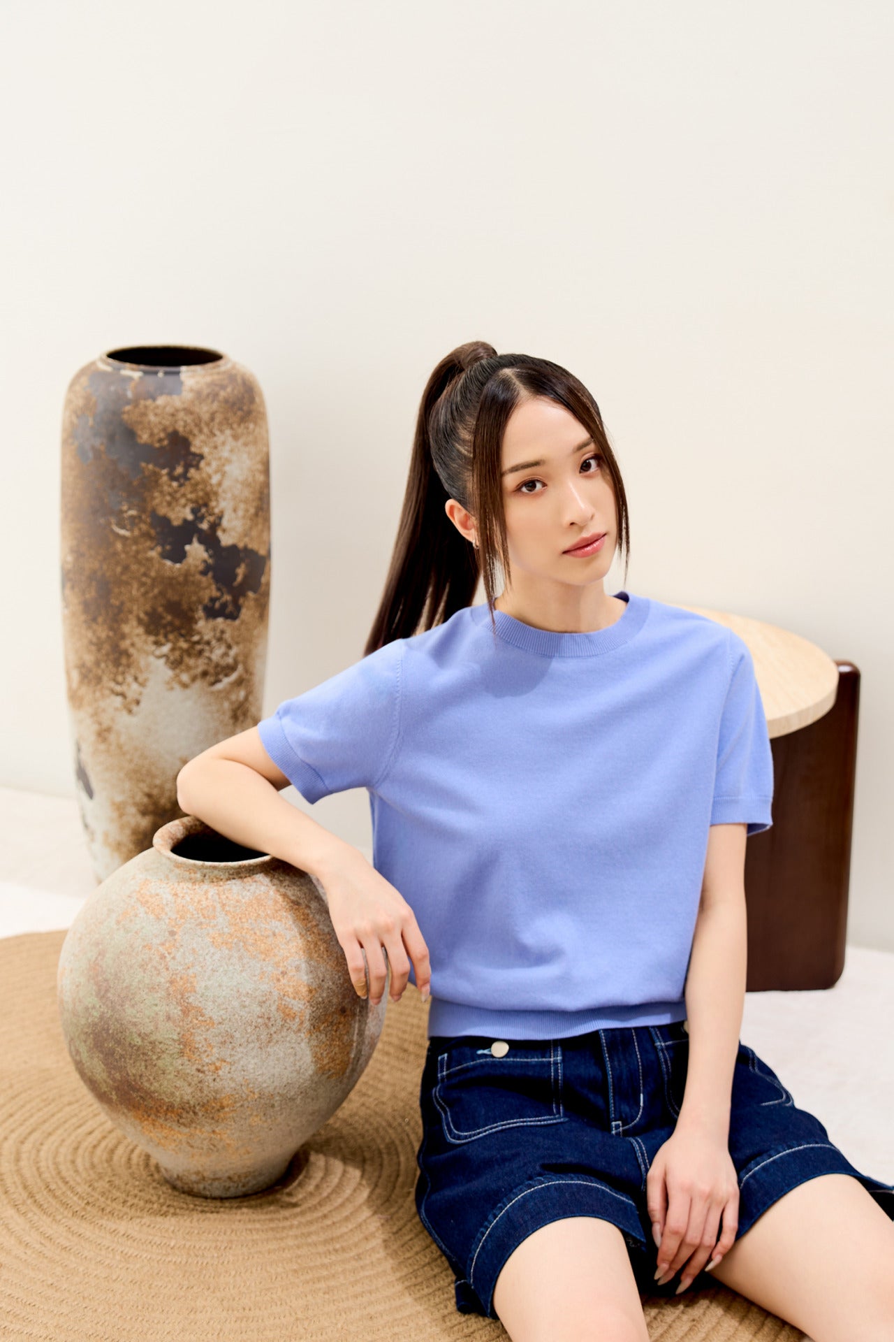 Back Collar Button Knit Top - Periwinkle