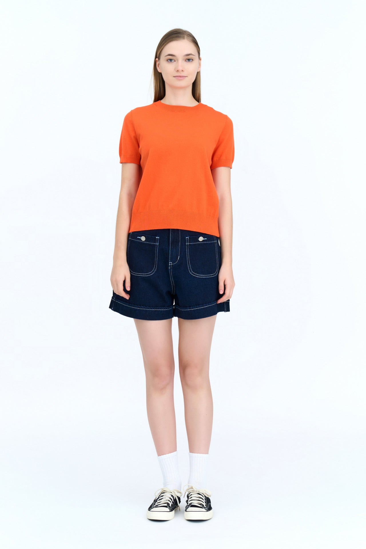 Back Collar Button Knit Top - Vermillion