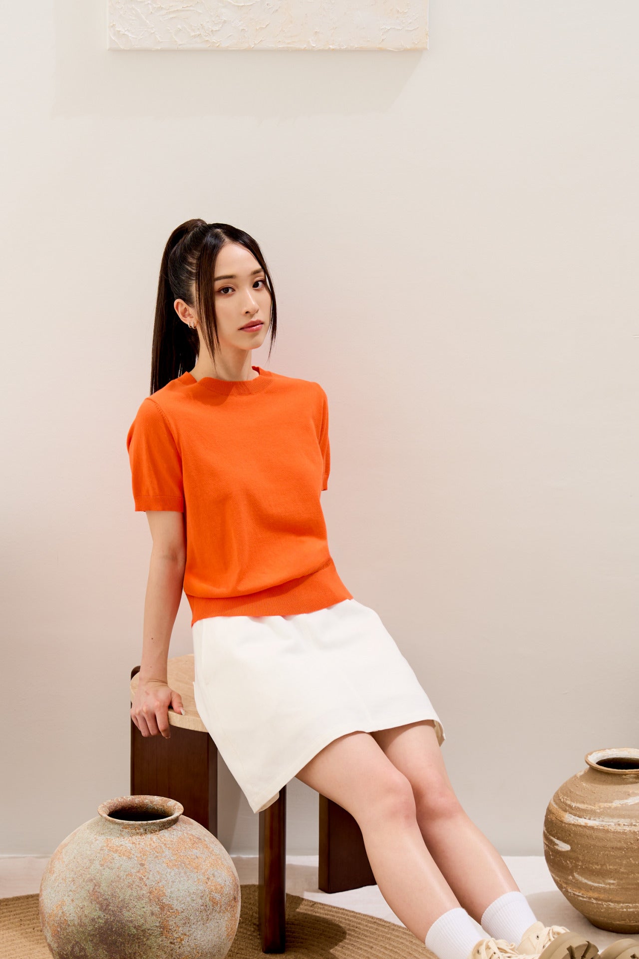 Back Collar Button Knit Top - Vermillion